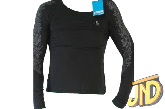 Odlo Concord Damen-Sweatshirt Rundhalsausschnitt Schwarz-Blatt-Druck auf Ärmel??