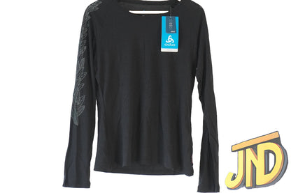 Odlo Concord Damen-Sweatshirt Rundhalsausschnitt Schwarz-Blatt-Druck auf Ärmel🌸